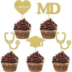 24Pcs Doctor Graduation Cupcake Toppers - Gold Glitter | Congrats Class of 2025 MD Grad, Stethoscope Cupcake Picks Decorations | Medical School Survivor Graduation Party Supplies