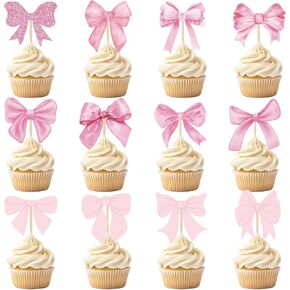 Weysat 36 Pcs Pink Bow Birthday Party Decoration Pink Bow Cupcake Toppers Coquette Cupcake Topper Bowknot Cake Picks Decoration for Coquette Bachelorette Bridal Wedding Baby Shower Party Favors