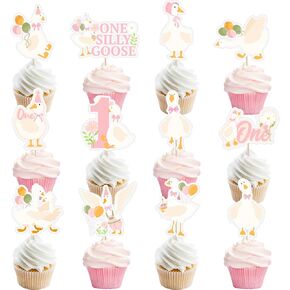 24 PCS Silly Goose Cupcake Toppers, One Silly Goose 1st Birthday Party Decorations Silly Goose Cake Toppers Cake Decorations for Girls Pink Bow One Silly Goose Birthday Decor Party Supplies