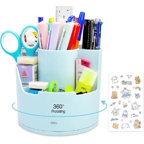 deli 360 Rotating Pen Holder for Desk, Desk Organizer and Office Supplies, Accompany Sticker, Pencil Cup with 4 Slots, Supplies Pencil Holder for School, Office, Home