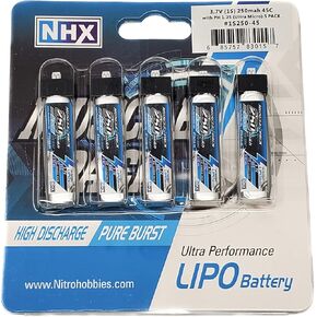NHX Muscle Pack 1S 3.7V 250mAh 45C Lipo Battery w/Ultra-Micro Connector (5 Pack)