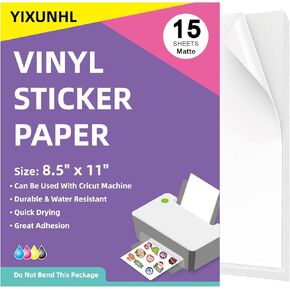 Premium Printable Vinyl Sticker Paper for Inkjet & Laser Printer 15 Sheets Self-Adhesive Sheets Matte White Dries Quickly Holds Ink well Tear Resistant Waterproof Decal Paper