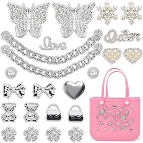 yuboo 23Pcs Pearl Charms for Bogg Bag, Chain Charms for Bogg Bag Accessories, Bow, Butterfly, Pearls, Flowers, and Heart Accessories, Compatible Simply Southern Rubber Beach Tote Bags