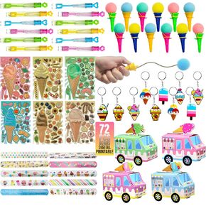 Ice Cream Party Favor 72 PCS Slap Treat Box Bracelets DIY Stickers Icecream Cone Foam Ball Keychain Bubble Gift Rewards for Kids Candyland Birthday Supply