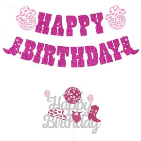 Western Cowgirl Happy Birthday Banner Cake Toppers Glitter Pink Party Decoration Hat Disco Ball Garland for Disco Girls Bachelorette