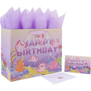 13" Large Axolotl Happy Birthday Gift Bag Set with Handles, Greeting Card, Purple Tissue Papers and Stickers for Girls Kids Women Teens, Ocean-themed Design, 1 Pcs