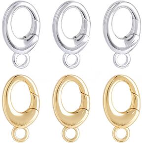 SUNNYCLUE 1 Box 6Pcs 2 Colors Spring Oval Rings Small Carabiner Ring Jewelry Trigger Real 18K Gold Plated Brass Silver Keyring Snap Hook Buckle Lock Clasps for Purse Jewelry Bracelet Bags DIY Crafts