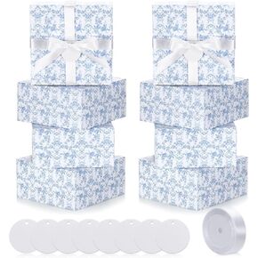 Faccito 8 Pack Blue Floral Gift Boxes 8 x 8 x 4 Inch Chinoiserie Blue and White Flower Paper Boxes with Ribbon Label Card for Wedding Bridesmaid Proposal Gift Bridal Baby Shower Birthday Party Favor