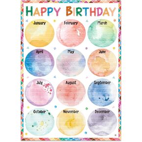 GMEMNOV Birthday Chart for Classroom - Watercolor Birthday Poster Reusable Birthday Calendar Laminated Classroom Birthday Chart Bulletin Board Decorations Back to School Supplies