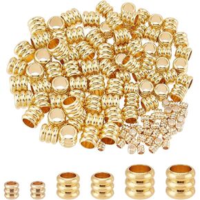 PH PandaHall 120pcs 14K Gold Plated Beads Column Spacer Beads 3 Sizes Brass Grooved Tube Beads Lanyard Beads Metal Loose Spacer Beads for Jewelry and Lanyards Making, Hole 1.6-4.5mm