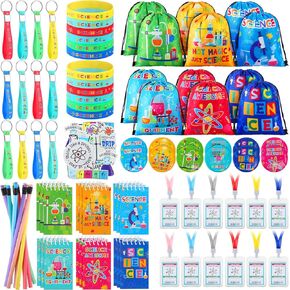 Zhanmai 140 PCS Science Party Favors تشمل 12 سلسلة مفاتيح 18 دفاتر الملاحظات المصغرة 50 ملصقات علوم 12 أساور 12 شارة العلوم 12 أكياس الرباط 12 أقلامًا قابلة للانحناء.