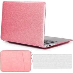 Laptop Case Compatible with MacBook Pro 15 Inch 2019 2018 2017 2016 Release Model A1990 A1707 with Touch Bar Touch ID, Leather Hard Shell Case Cover & Bag & Keyboard Skin, Glitter Pink