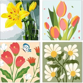 GHHKUD Framed 4Pack Flowers Paint by Numbers for Adults Kids, Landscapes Painting by Numbers for Ages 8-12, DIY Acrylic Painting Tulips Beginner for Gifts Home Wall Decor 20x20cm