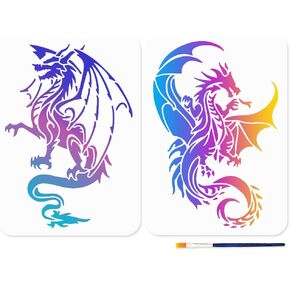 MAYJOYDIY Dragon Stencils for Painting, A4 Size 11.7x8.3 inch, 2 Pack with Paint Brush, Reusable Craft Templates for Wood DIY