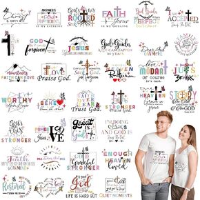 36 Sheets 7.9 x 7.1 Inch DTF Transfer Film Heat Transfer Stickers for T Shirts Clothes and Bags with Christian Faith Designs Featuring Scripture-Inspired Iron on Patches for DIY Craft Use