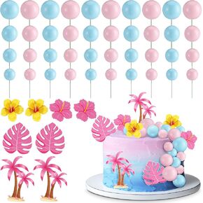 Honeydak 48 Pcs Cake Topper Decorations Set DIY Blue Pink Colorful Foam Balls Cupcake Hawaiian Paper Cake Topper for Theme Birthday Party Favors Wedding Baby Shower Hawaiian Party Decorations