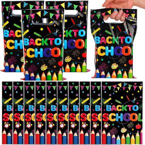 Whaline 50Pcs Back To School Party Favor Bags Colorful Pencil Flag Decorative Plastic Treat Bags with Handles Goodie Candy Bags for First Day of School Party Gift Wrapping Supplies