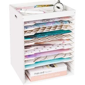 Wood 12x12 Paper Storage Organizer - Adjustable Shelves 12-Tier Scrapbook Paper Organizer with Handle and Extraction Slot for Scrapbook Craft Vinyl Files Document Storage Rack for Home Office
