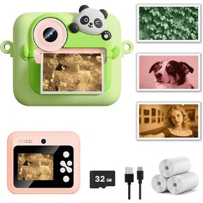 Kids Camera Instant Print with Color Printing Paper and Protective Case 32GB Card, Front Rear Dual Selfie Kids Camera with 1080P Videos, Christmas Birthday Gifts for Girls and Boys Age 3-12 (White)