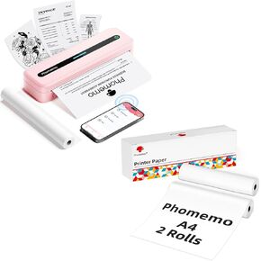 Phomemo M832 Wireless Portable Thermal Printer Pink & 2 Rolls A4 Thermal Printer Paper