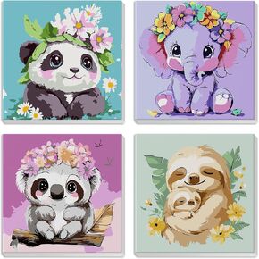MXJSUA 4 Pack Pack Plate Paint Paint بأرقام للأطفال الذين تتراوح أعمارهم بين 6-12 عامًا ، Panda Elephant Sloth Koala Paint by Number Kits for Children ، Painting Acrylic Paint for Home Wall Decor (8 × 8 بوصة)
