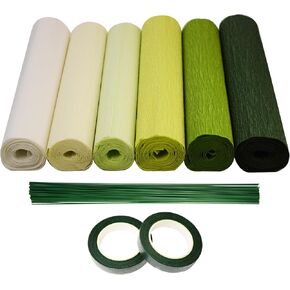 Chaekoy Crepe Paper - 6 Rolls Green 10 Inch Wide Streamers, Flower Making Kits With Floral Tape and Stem Wire for Wedding, Festival, Party, DIY Crafts