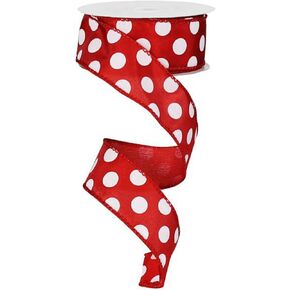 RG Ribbon 1.5 Inch Wired Polka Dot Ribbon, Red and White,10 Yards for Bows, Wreaths, Gift Wrap, Crafts, and Decoration