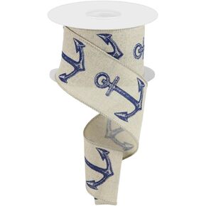 Anchor Print Wired Edge Ribbon for Nautical and Beach Themed Bows, Wreaths, Gift Wrap, Crafts and Decorations (2.5" Wide x 10 Yards, Light Natural, Navy Blue)