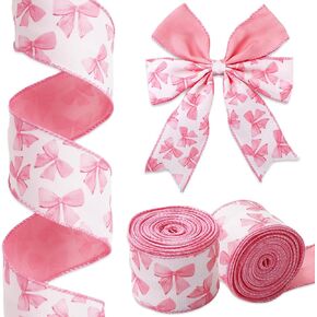 Pink Bow Wired Edge Ribbon Coquette Bowknot Decorative Ribbon Double-Sided Fabric Ribbon for Wreath Bow Making DIY Crafts Wrapping, 2 Rolls, 20 Yard
