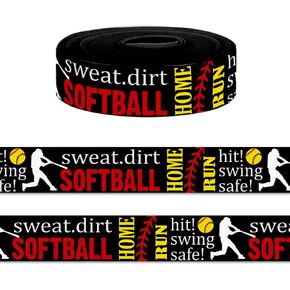 10 Yards American Softball Ribbon for Crafting Sewing, 7/8 Inch Black Grosgrain Ribbons for Gift Wrapping, Sports Balls Ribbons for Hair Bow Cheerleader Accessories