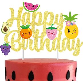 Fruit Theme Birthday Party Cake Topper Tutti Frutti Party Gold Happy Birthday Cake Topper Summer Fruit Birthday Party Decoration for Watermelon Strawberry Theme Party Supplies