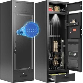 10-15 Gun Safe with Lockable Cabinet and Drawer, Gun Safe for Rifles and Pistols with Touch Keypad, Large Gun Cabinet for Home Rifle and Pistols with Adjustable Gun Slot