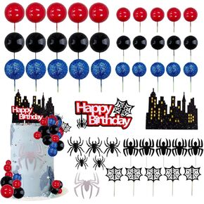 Morofme 48pcs Spider Cake Decorations Spiders Theme Cake Topper Spider Web Cupcake Decor Spiders Building Toothpick Red Black Blue Balls Cupcake Decoration for Boys Men Birthday Party Supplies