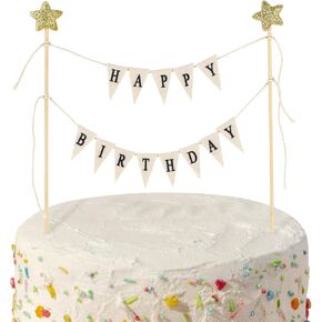 Happy Birthday Cake Banner Personalized Toppers, Handmade Linen Pennant Flags With 7.9 in Bamboo Polls, Party Decoration Supplies for Cakes Cupcakes