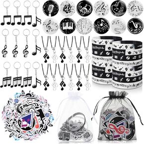 Seajan 110 Pcs Music Party Favors Include Music Notes Silicone Bracelets Piano Note Necklaces Keychains Stickers Badges Organza Gift Bag Fillers for Piano Themed Birthday Party Supplies Decorations