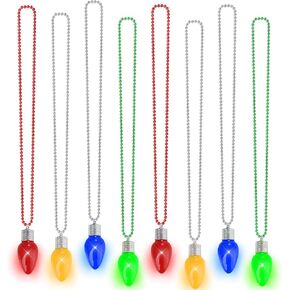 8pcs Christmas Bead Necklace, Light up Christmas Necklace Bulb Pendant, Xmas Necklaces Accessories Bulk Green Yellow Red Blue, Light Christmas Necklaces for Xmas Ugly Sweater New Year Party Supplies