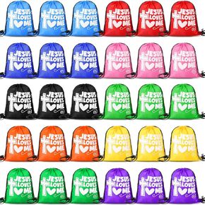 30 Pcs Jesus Loves Me Drawstring Backpack Bulk Religious Christian Gift Bags Bible Verse Cross Goodie Candy Treat String Bags for Church Party Favors Decoration Supplies