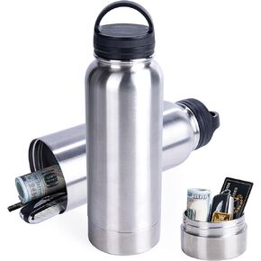 BarGifts 24oz Hidden Safe Water Bottle, Stainless Steel Secret Water Bottle with Hidden Compartment, Bottle Keeps Your Valuables Safe Like Money, Keys, and Jewelry- Silvery