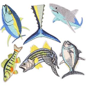 6PCS Fish Bass Tuna Shark Iron on Patches, Blue Fish Tail Embroidered Repair Patches for Clothes, Custom Classic Applique for Hats, Jeans, Jackets, Bags, Backpacks, Dress, Shoes