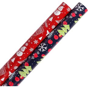 JinhzWin Christmas Wrapping Papers Rolls (2 Rolls: 82 sq. ft. ttl.) Large Roll Holiday Gift Wrap Paper(30 Inch X 394 Inch) with Winter Snowman, Snowflakes, Christmas Tree Red Berries Socks