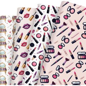 12 Sheets Makeup Wrapping Paper - Cosmetic Gift Wrap with Lipstick, Lip Prints & Beauty Tools, Perfect for Birthday Gifts, Bridal Showers, Spa Party Decorations & DIY Crafts, 19.7" x 27.6"