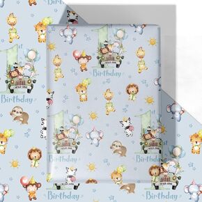 WRAPLULU Animals 1st Birthday Wrapping Paper - 4 Jumbo Sheets, 28 * 40 Inches - Blue Safari Jungle Zoo Animal Gift Wrap Gift Wrap, Perfect for Baby Boy First Birthday's Party or Baby Shower