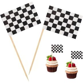 100 Pcs Checkered Black and White Racing Toothpick Flag Race Car Small Mini Cocktail Fruit Cupcakes Toppers Food Stick Flags Decorations