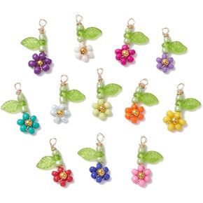 60Pcs Mixed Color Flower with Leaf Pendants Handmade Glass Seed Beaded Charms Mini Spring Floral Charms with Loop for Jewelry Making DIY Earrings