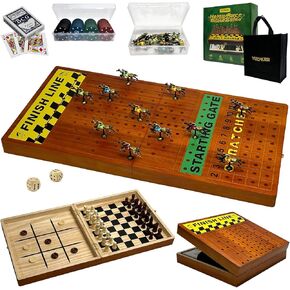 Large 23 inches Horse Race Board Game with Luxury Metal Numbered Horses, 4 in 1 Foldable Wood Horse Race Board Game with Dice Poker Chips/Chess & Checkers/Tic Tac Toe for for Adults Family Parties