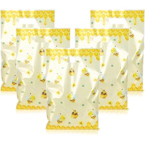Mikzhskr 25Pcs Bee Party Favor Bags with Handles Plastic Waterproof Goodie Candy Snacks Bag Yellow Gift Pack for Honeybee Themed Birthday Party Decoration Honey Business Supplies, 9.8 x 6.3 in