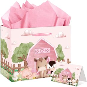EIGHTSTATES Large Farm Animal Gift Bag Set - Pink Farm Theme Birthday Gift Bag with Greeting Card & Tissue Paper for Baby Shower Decorations, Girls Birthday Decor Party Supplies