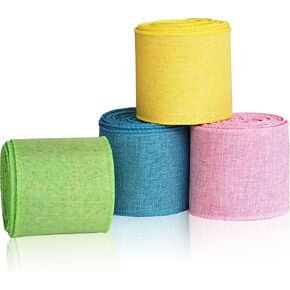 4 Rolls Burlap Pastel Easter Ribbon, Wired for Wreath Decor, Pink, Yellow, Blue & Green, 2 1/2 in, 24 Yards
