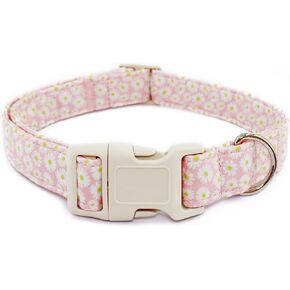 Floral Dog Collar Adjustable for Small Dogs - Cute Spring Summer Girl Dog Collar for Female Dogs, Blooming Flower Pattern Cotton Collar with Quick Release Buckle, Pink Little Daisy-S