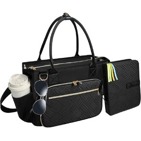 Large Bible Tote Bag with Bible Cover Case for Women, Portable Church Bag with 13 Inch Laptop Compartment& 14 Pen Slots, Quilted Bible Purse with Shoulder Strap for Bible Study Supplies, Black